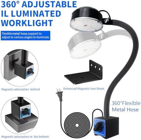 Magnetic Work Light, LED Machine Light, Work Light with Flexible & Magnetic Base, Shop Tool Lamp for Lathe, Work Bench, Sewing Machine, Bandsaw, Industrial Lighting, 2000 Lumens, Black