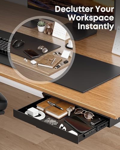 PUTORSEN Under Desk Storage Drawer 14.8" Wide - Smooth Slide Out Organizer for Standing Desk & Home Office, Max Load 17.6 lbs, Quiet Glide, Black