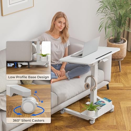 BONTEC Mobile Standing Desk, Adjustable Height, 23.6 x 20.5 Inch, White