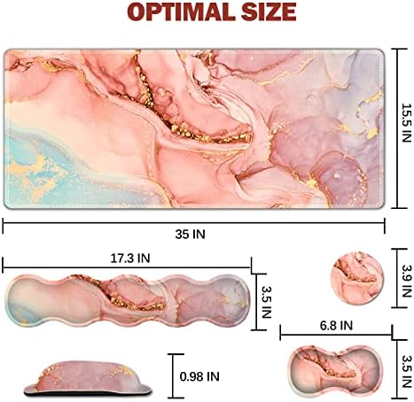 Upgraded Extended Gaming Mouse Pad, Keyboard Wrist Rest Pad, Wrist Support Mousepad Set, Artso Large Stable Rubber Base Stitched Edges, Multifunctional Desk Pad 35 x15.5 in, Abstract Pink Marble