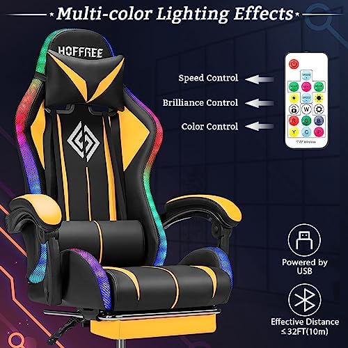 RGB Gaming Chair with Bluetooth Speakers LED Lights Computer Chair-Yellow