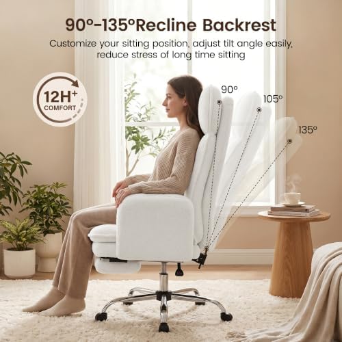 Criss Cross Office Chair with Flip Armrests, Big and Tall Criss Cross Chair with 6.7″ Plush Seat & Footrest, 135° Reclining Cross Legged Office Chair, Sherpa Fleece,White