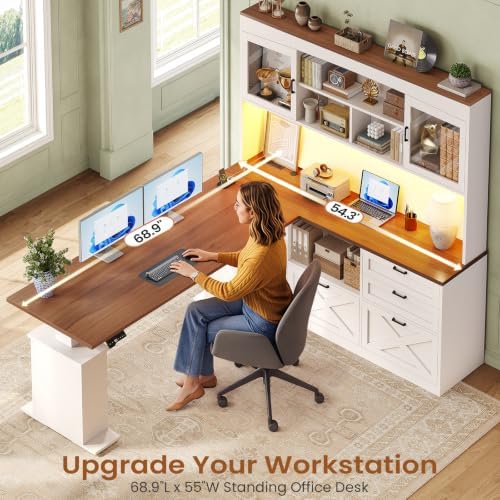 SEDETA 69" L Shaped Standing Desk with 4 Drawers, Detachable Bookshelf
