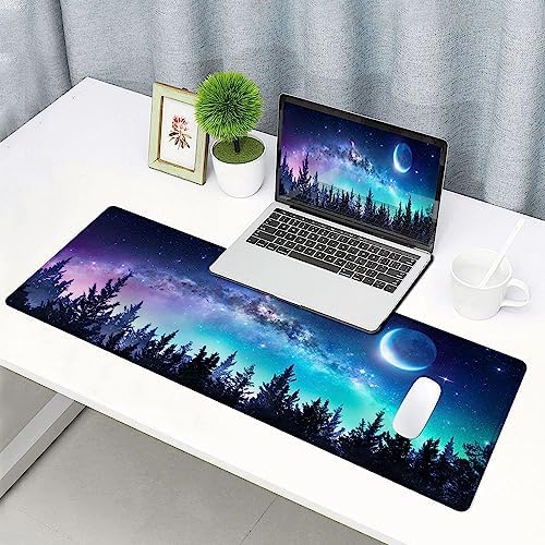 Gaming Large Mouse Pad with Stitched Edges, Galaxy Desk Mat, Extended Keyboard Pad, Non-Slip Rubber Base Desk Pad for Keyboard and Mouse, 31.5X11.8 inch, Moon Starry Sky