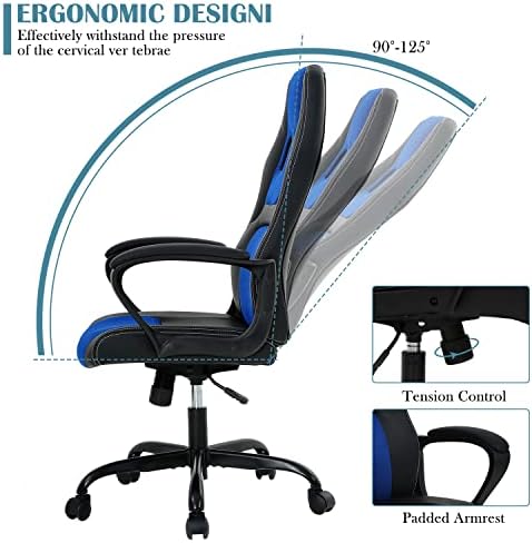 Blue Gaming Chair for Kids, Ergonomic Office Chair Computer Chair with Adjustable High Back & Armrest, PU Leather Gamer Chair with 360°Swivel, Heavy Duty Gaming Chairs for Adults, Teens