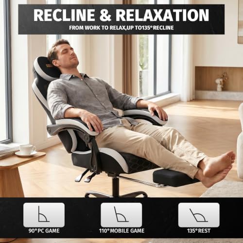 Honeycomb Embossed Gaming Chair with Footrest & Massage Lumbar Support, Adjustable Ergonomic Office Chair for Adults, 300 lbs (Black White)