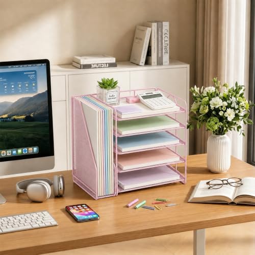 OPNICE Desk Organizer, 5-Tier Paper Organizer Letter Tray, Pink