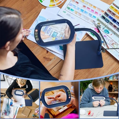 Veemagni 12X Rectangle Magnifying Glass with Light and Stand, Flexible Gooseneck LED Lighted Desk Lamp, 5 Color Modes Stepless Dimmable, Hands Free Magnifier for Reading Painting Close Work - Blue