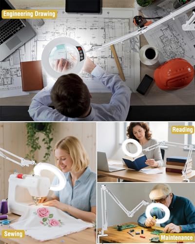 12X Magnifying Glass with Light and Clamp, Extra Long 3 Swing Arm, White