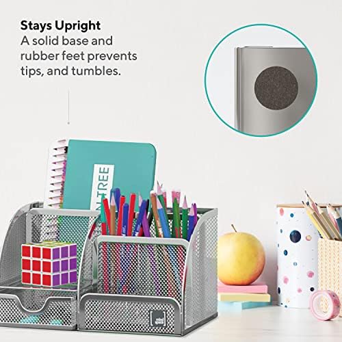 Mindspace Office Desk Organizer with 6 Compartments + Drawer + Pen & Pencil Holder | The Mesh Collection, Silver