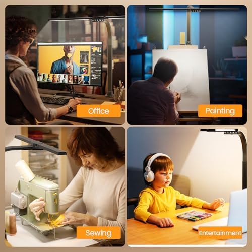 SIBRILLE Upgraded Desk Lamp for Home Office - Dimmable Computer Desk Light with Remote, Modern Architect Task Lamp with Color Changing, Flexible Desktop Lamp with Gooseneck for Monitor, Double Head