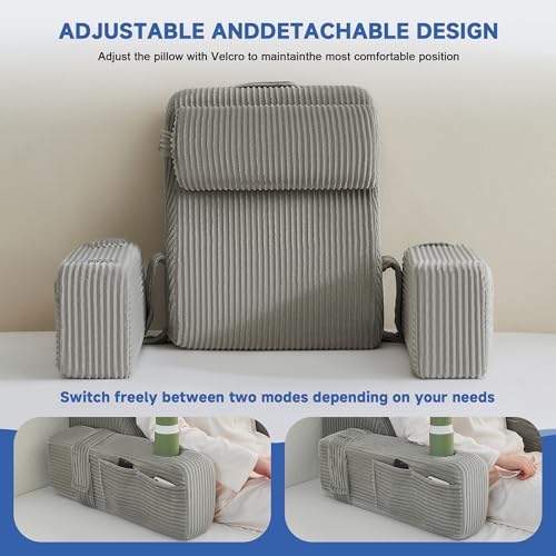 Reading Pillow for Bed, Back Pillow for Bed Sitting Up, Bed Pillows for Sitting Up with Adjustable Armrests, Cup Holder & Large Pocket, Backrest Cushion for Reading, Watching TV (Grey, 4PCS)
