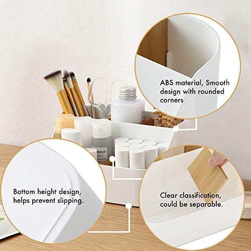 Desk Organizer with 5 Compartments, Office Supplies Organizers and Accessories, Makeup Brush Holder, Pen/Pencil Holder, Remote Control Holder with Movable Wooden Partition