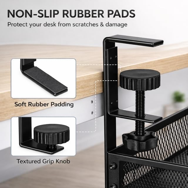 Expandable Under Desk Cable Management Tray, Expandable 15.7”–27.6”, No Drill Metal Cable Organizer with Clamp Mount for Standing Desk, Office & Home Desk (Black