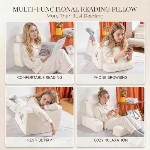 Reading Pillow for Adults, Back Pillow for Bed Sitting Up, Backrest Pillow for Sitting in Bed, Detachable Arms with Built-in Cup & Phone Caddy (Beige-Corduroy, 19 INCH)