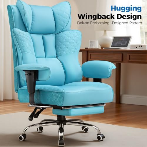 GTPLAYER Big and Tall Office Chair, Wide Ergonomic Gaming Chair with Deluxe Embossing Designed Leather with Foot Rest,150°Reclining Adjustable Soft Armrests Pocket Spring Back Support and Pillow