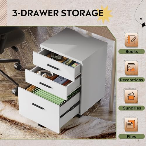 DEVAISE 3 Drawer File Cabinet, Wood Under Desk Filing Cabinet, White