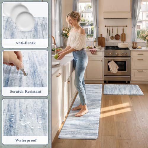 KIMODE Kitchen Mats for Floor,Abstract Kitchen Rugs Sets of 2 Blue Carpets