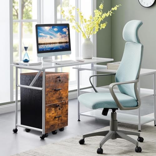 VINGLI 2-Drawer Small Rolling File Cabinet with Lock, Wood Filing Cabinet for Hanging Letter Size Filings with Tabs, Mobile Under Desk File Cabinets for Home Office, Rustic Brown, 27.2" H