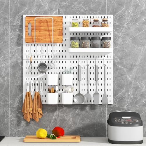 Peg Board Combination Kit, 8 Pegboards with 40 Accessories, Pegboard Wall Organizer for Office, Nursery & Home Storage, Key Holder, 51.2"x25.6" – Nail-Free Installation(White)