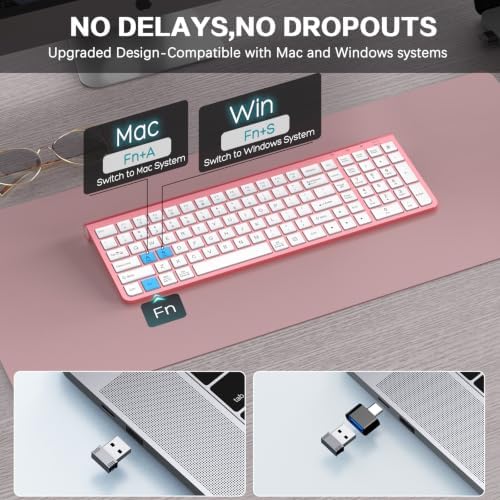 JOYACCESS Pink Wireless Keyboard and Mouse, Typewriter Keyboard Wireless, Ergonomic and Quiet Computer Mouse for for Desktop/PC/Laptop/Surface/Smart TV and Windows 10/8/ 7