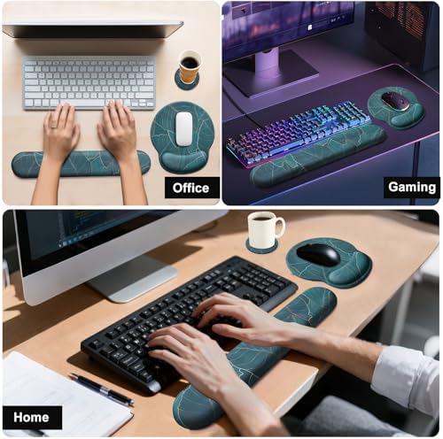 Keyboard Wrist Rest Mouse Pad with Wrist Support, Gaming Mousepad with Non-Slip Base, Ergonomic Mouse Wrist Arm Cushion Support for Home Office Laptop Computer, Easy Typing for Pain Relief, Leaf