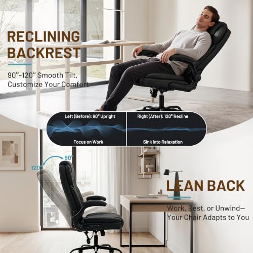 Ergonomic Office Chair, PU Leather High Back Executive Chair with Adjustable Inflatable Lumbar Support and Padded Flip-Up Arms, Recline Swivel Task Computer Chair for Home Office, Black