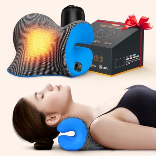 Deep Heated Neck Stretcher with Graphene Heating Pad, Odorless Neck Cloud Cervical Traction Device for Pain Relief, Chiropractic Pillow for Neck & Shoulder Comfort, Gift for Women, Men (Blue)
