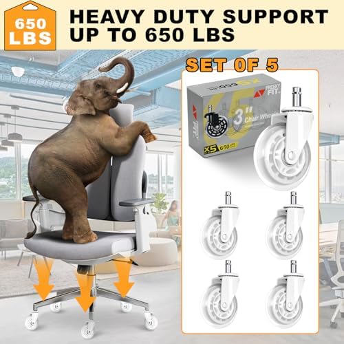 Office Chair Wheels for Casters Replacement - 3" Rubber Wheels for Computer Gaming Desk Caster Smooth & Safe Rolling for All Floors Including Hardwood and Carpet - Set of 5 - White