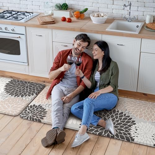 KIMODE Anti Fatigue Kitchen Mats for Floor, Boho Floral Kitchen Rugs Sets of 2, Non Slip Waterproof Kitchen Floor Mats, Memory Foam Kitchen Mat for Sink, Laundry, Office, Desk Pink 20"x47"+20"x32"