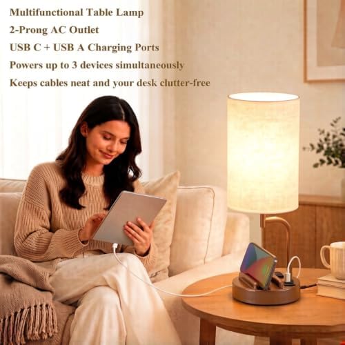 Dreamholder Touch Control USB Table Lamp with USB C/A & AC Outlet, 3-Way Dimmable Bedside Lamp, Modern Nightstand Lamps for Bedroom Living Room Guest Room Office, Bulb Included, Brown