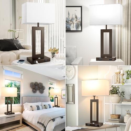 27.2ββ Tall Brown Table Lamps for Living Room Bedroom, Bedside Touch Control Lamps with 2 USB Ports&AC Outlet, 3 Color Temp.&Stepless Dimming Desk Lamp Sets for Home Office, Pre-assembled White Shade