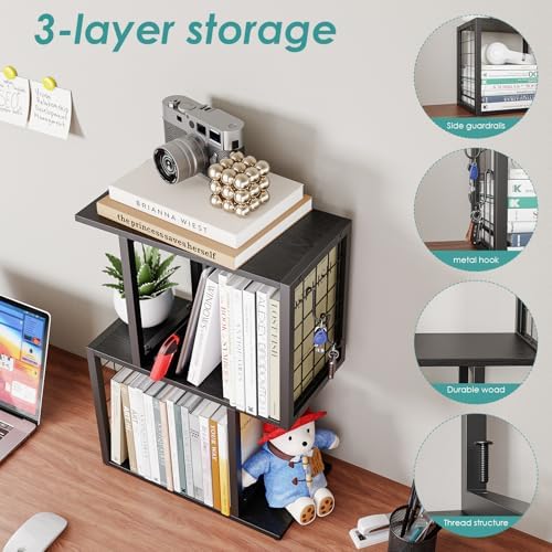 Small Bookshelf Desk Organizer,3-Tier Shelf for Top of Desk Workspace Organizers for Office Accessories, Black