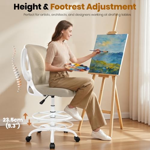 Primy Drafting Chair Tall Office Chair with Flip-up Armrests Executive Ergonomic Computer Standing Desk Chair with Lumbar Support and Adjustable Footrest Ring(Khaki)