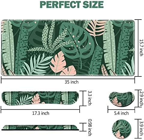 AIMSA Large Gaming Mouse Pad Set, Keyboard Wrist Rest Support Mouse Pad, Ergonomic Memory Foam Multifunctional Extended Desk Mat 35x15.7in Anti-Slip Rubber Base for Office Home, Pink Green Leaves