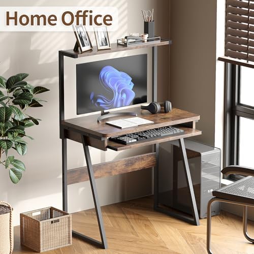 ALISENED 2 Tiers Small Computer Desk for Small Space, Compact Laptop Table Workstation with Keyboard Tray