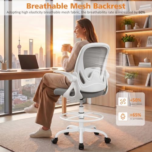 Drafting Chair Tall Office Chair with Flip-up Armrests, Adjustable Height, and Enhanced Lumbar Support - Ergonomic Rolling Stool, Back Support, and Adjustable Foot Rest Ring for Standing Desk Gray