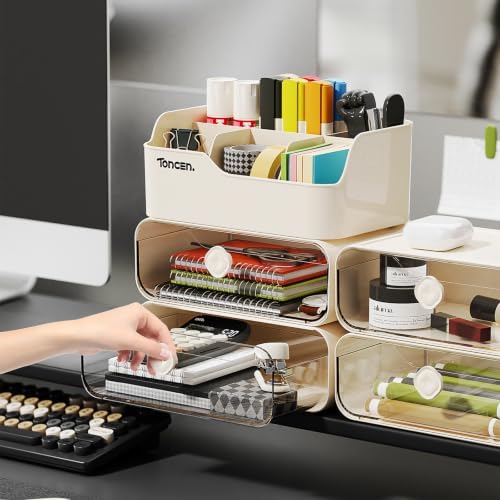 Desk Organizer with Drawers & Divided Compartments, Stackable Desktop Storage Caddy for Makeup and Office Stationery (Black)
