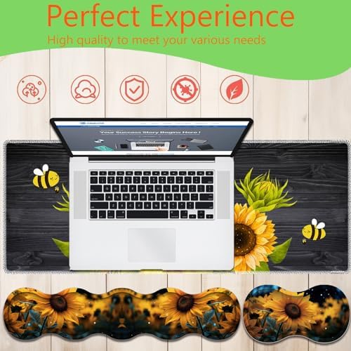 4 in 1 Mouse Pad Combo, Large Gaming Mouse Pad + Keyboard Wrist Support + Mouse Wrist Rest + Coaster, Table Pad with Stitched Edge Ergonomic Wrist Pad Set, Sunflower, You are My Sunshine