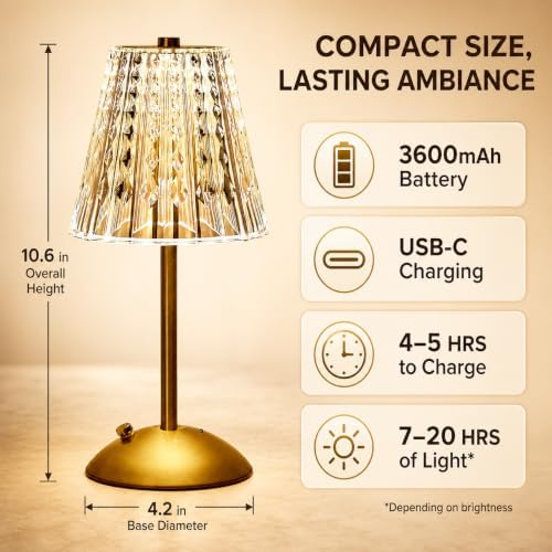 Small Gold Cordless Table Lamp Rechargeable for Kichen Countertop Dining