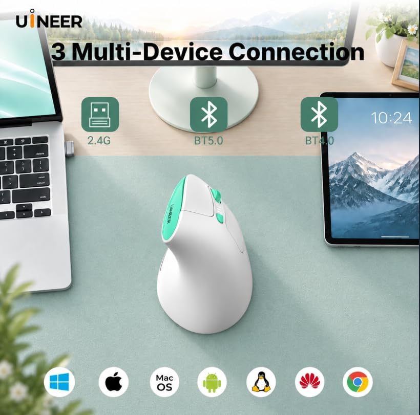 Uineer Wireless Ergonomic Vertical Mouse, 3200 DPI, BT 4.0/5.0/2.4G USB-A