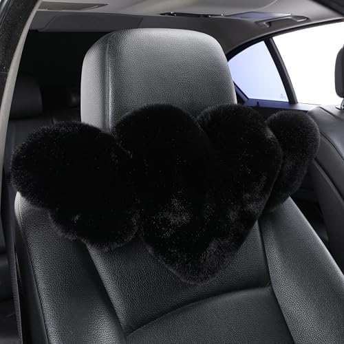 2 Pack Heart Shaped Plush Car Neck Pillows, Soft Car Headrest Cushion for Driving Travel Office Chair, Cute Cars Interior Decor Accessories for Women Girls(Black)