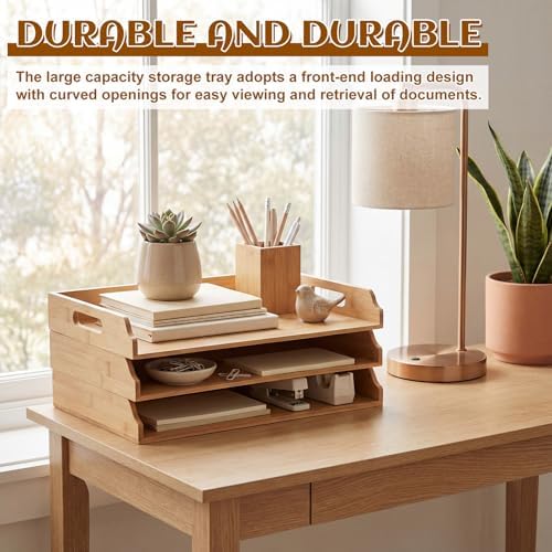 AceOrbit 3 Pcs Stackable Paper Tray Bamboo Wood Desk Organizer Letter Tray