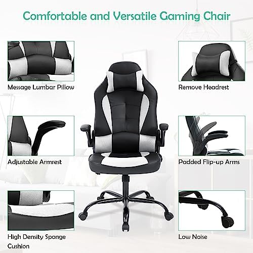 High Back PU Leather Office & Gaming Racing Chair - Comfortable & Heavy Duty - Headrest & Lumbar Support - Height Adjustable - Big & Tall Size - White