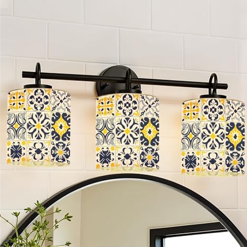 3 Pack Cylinder Glass Lamp Shade Set 16 tiles Azulejos blue gray yellow Original traditional Portuguese Covers with 1-5/8" Fitter Opening Light Fixture Replacement for Table Lamp Bathroom Vanity Light