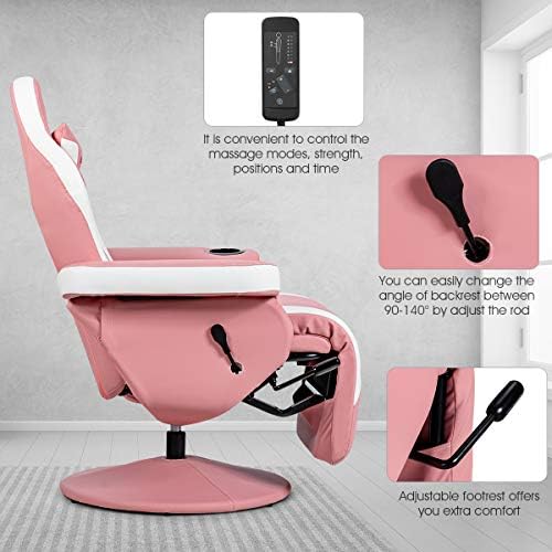 Goplus Pink Massage Gaming Chair, Racing Style Gaming Recliner w/Adjustable Backrest and Footrest, Ergonomic High Back PU Leather Computer Office Chair Swivel Game Chair w/Cup Holder and Side Pouch