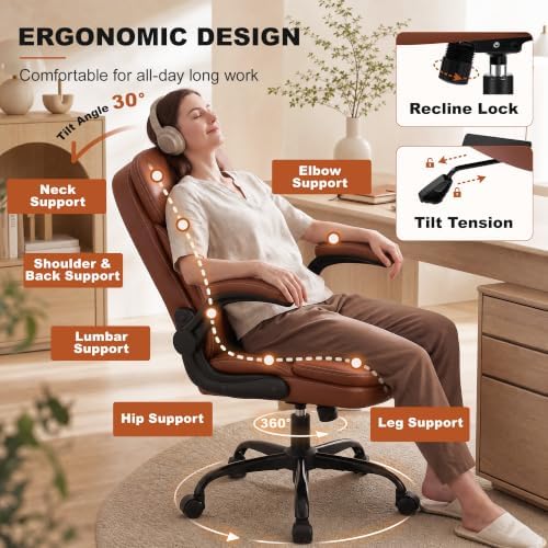 Leather Office Chair, Computer Desk Chair with Dual Back Support