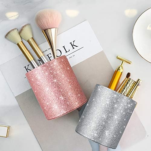 Glitter Pen Holder, Pencil Cup Desk Sparky Bling for Women Girls, Luxury Durable Makeup Brush Holder Large Pu Leather Multi-Functional Organizer Cup for Office, Classroom, Home, Silver
