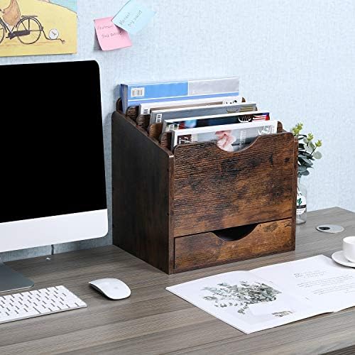 PAG-Mass Wood Desktop File Holder Organizer Mail Sorter with Drawer, for File Folders, Mails, Envelopes, Mailing Supplies or Magazines, 6 Compartments, Antique Brown