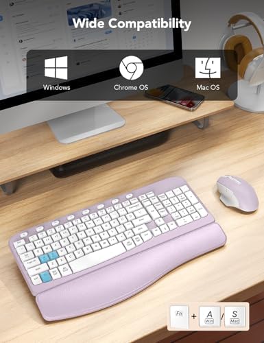 SABLUTE Purple Ergonomic Keyboard and Vertical Mouse Bundle, Wireless Wave Keyboard(2 AA Batteries powered) with Cushioned Wrist Rest and Rechargeable Vertical Mouse, Aesthetic Desk Setup for Home Off